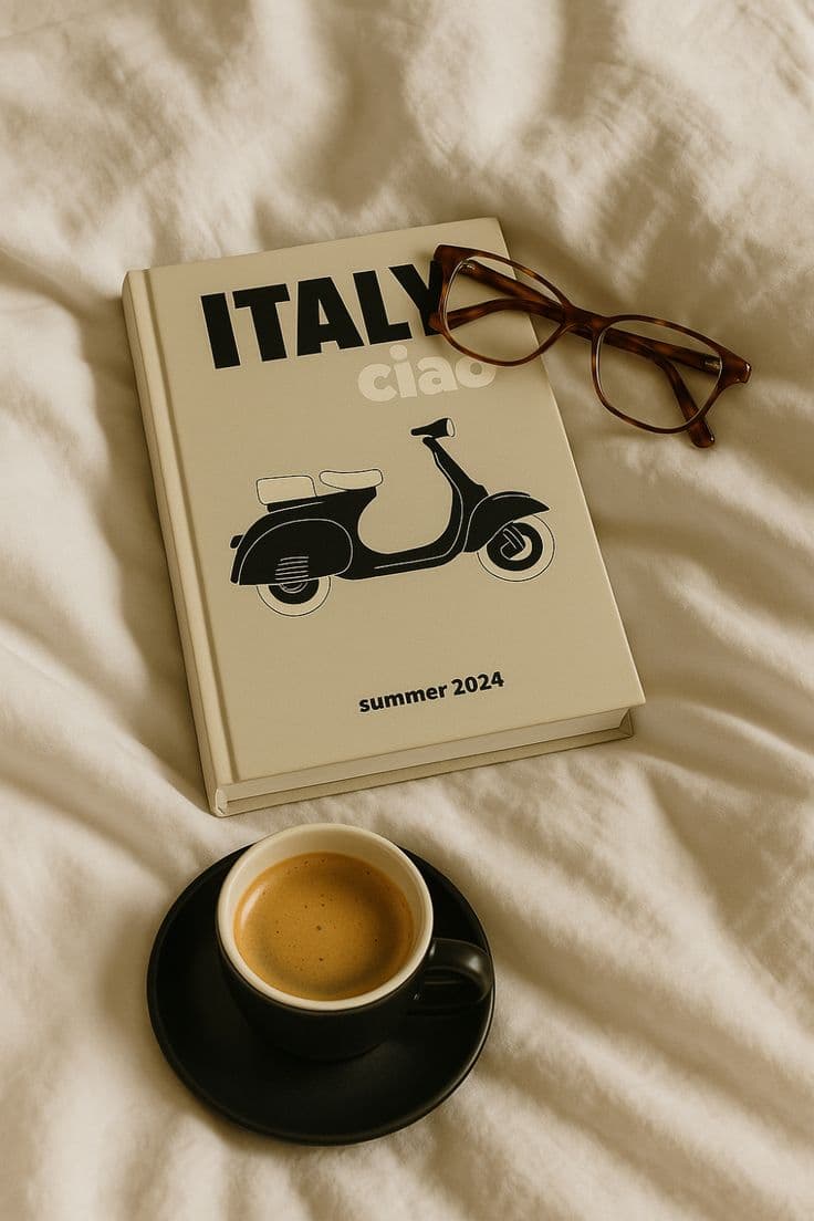 Travel photobook on linen with espresso — Italy summer keepsake