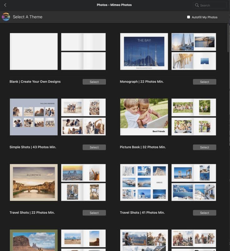 Photobook theme and layout selection before print-ready export
